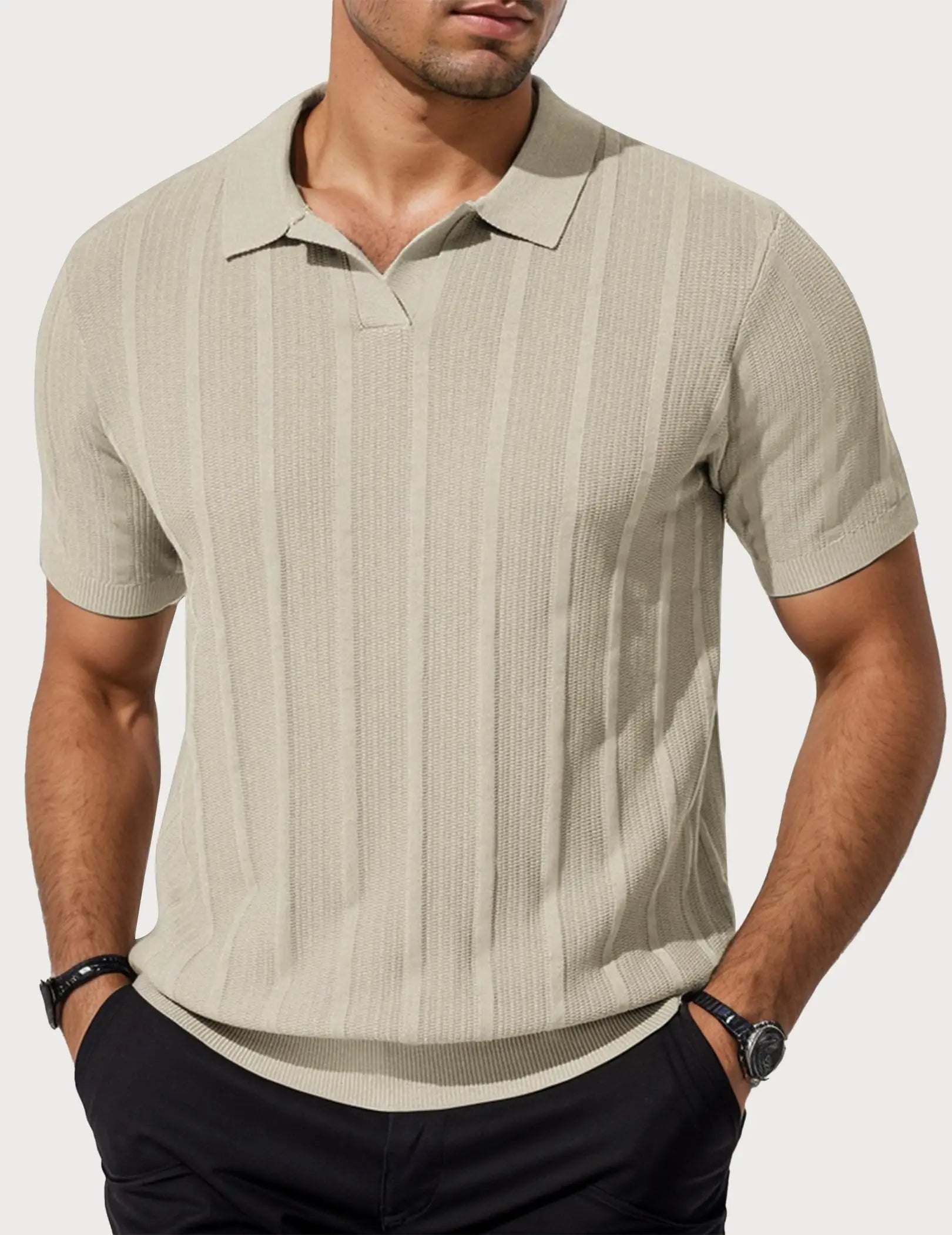 Men's Long Sleeve Textured Polo Collar Casual Sweater