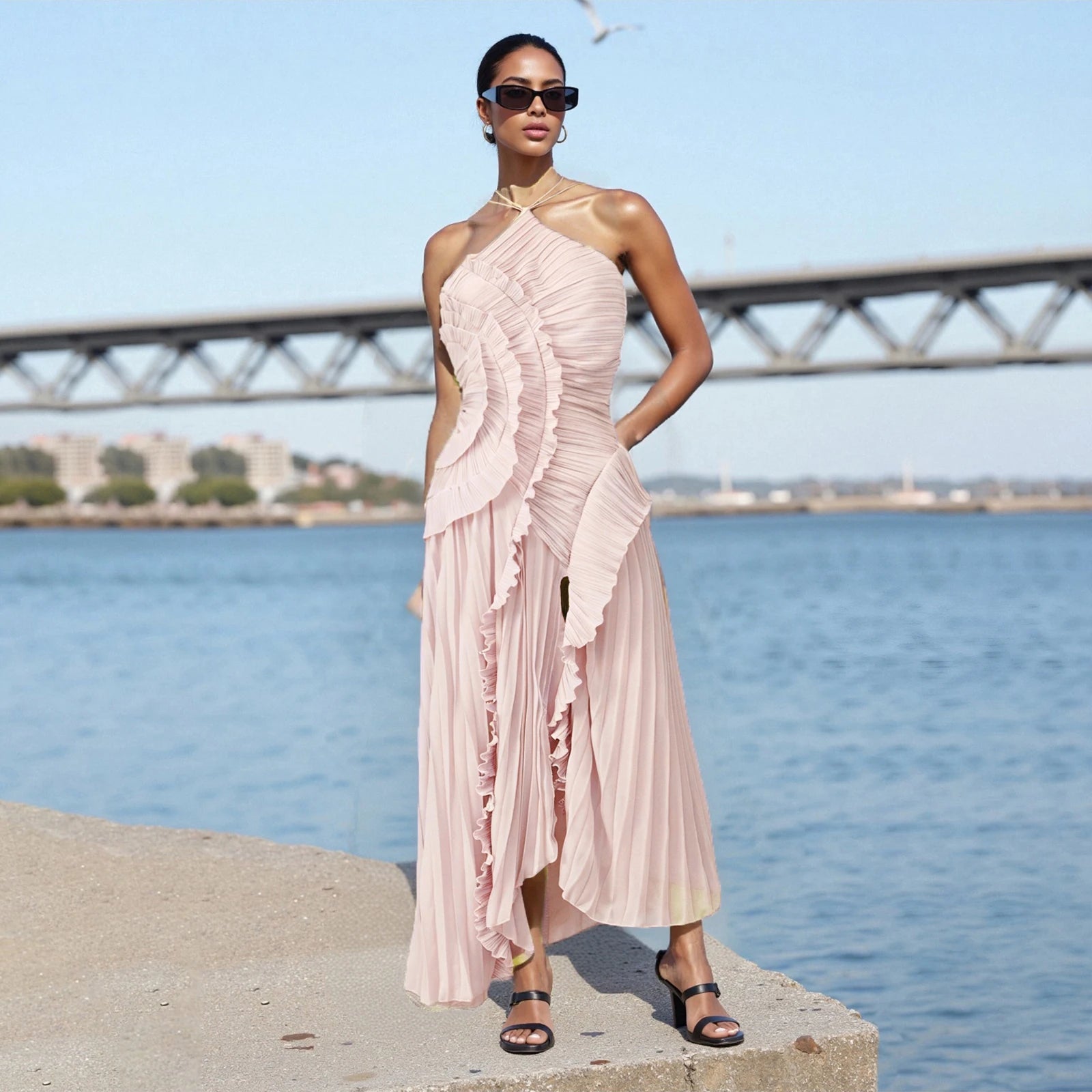 Elegant Off-Shoulder Maxi Dress with Floral Print and Ruffle Detailing Sleeveless Boho Chic Summer Dress for Women