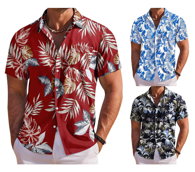 Men s Tropical Print Short Sleeve Hawaiian Shirt with Button Down Collar for Casual Beachwear and Everyday Wear