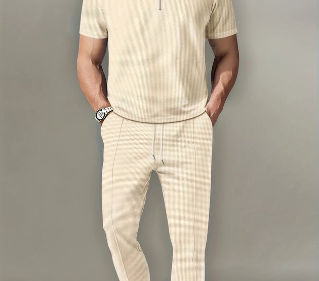 New Men's Solid Color Suit Waffle Lapel Short-sleeved Zipper Long Pants Set - The Best Choice For Casual Wea