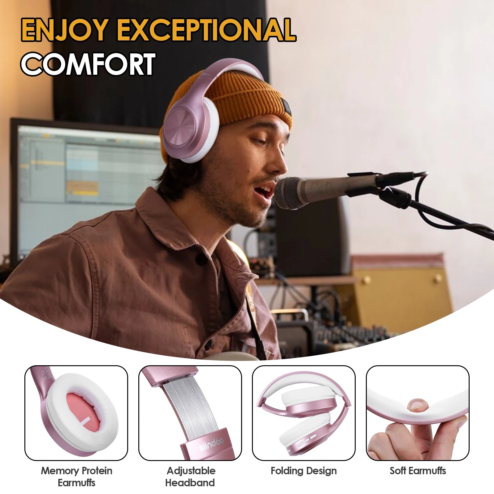 Siindoo JH-923 Wireless Headphones Over Ear,Foldable Bluetooth Headsets,3EQ Sound Modes, Hi-Res Audio with Deep Bass Microphone
