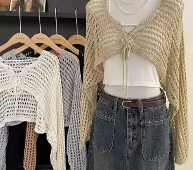Crochet Crop Tie Front Cardigan Women Long Sleeve Sheer OpenKnit Bolero Shrug Top Summer Beach Bikini Cover Up Y2K Outfit
