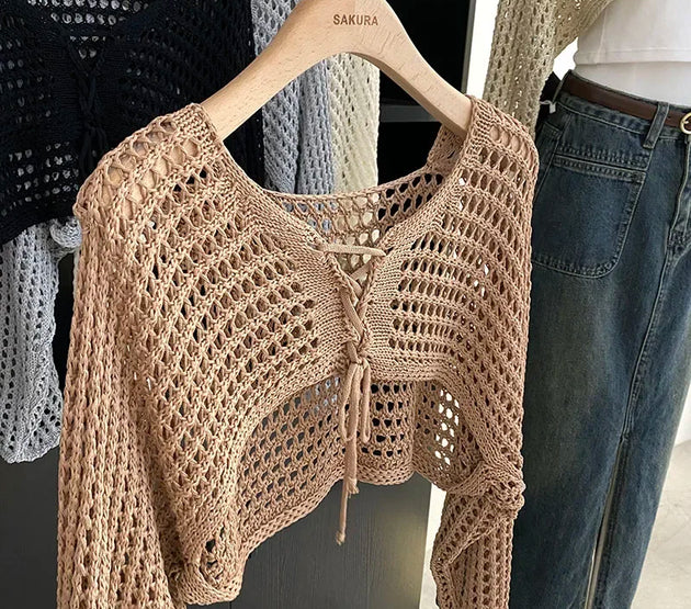 Crochet Crop Tie Front Cardigan Women Long Sleeve Sheer OpenKnit Bolero Shrug Top Summer Beach Bikini Cover Up Y2K Outfit