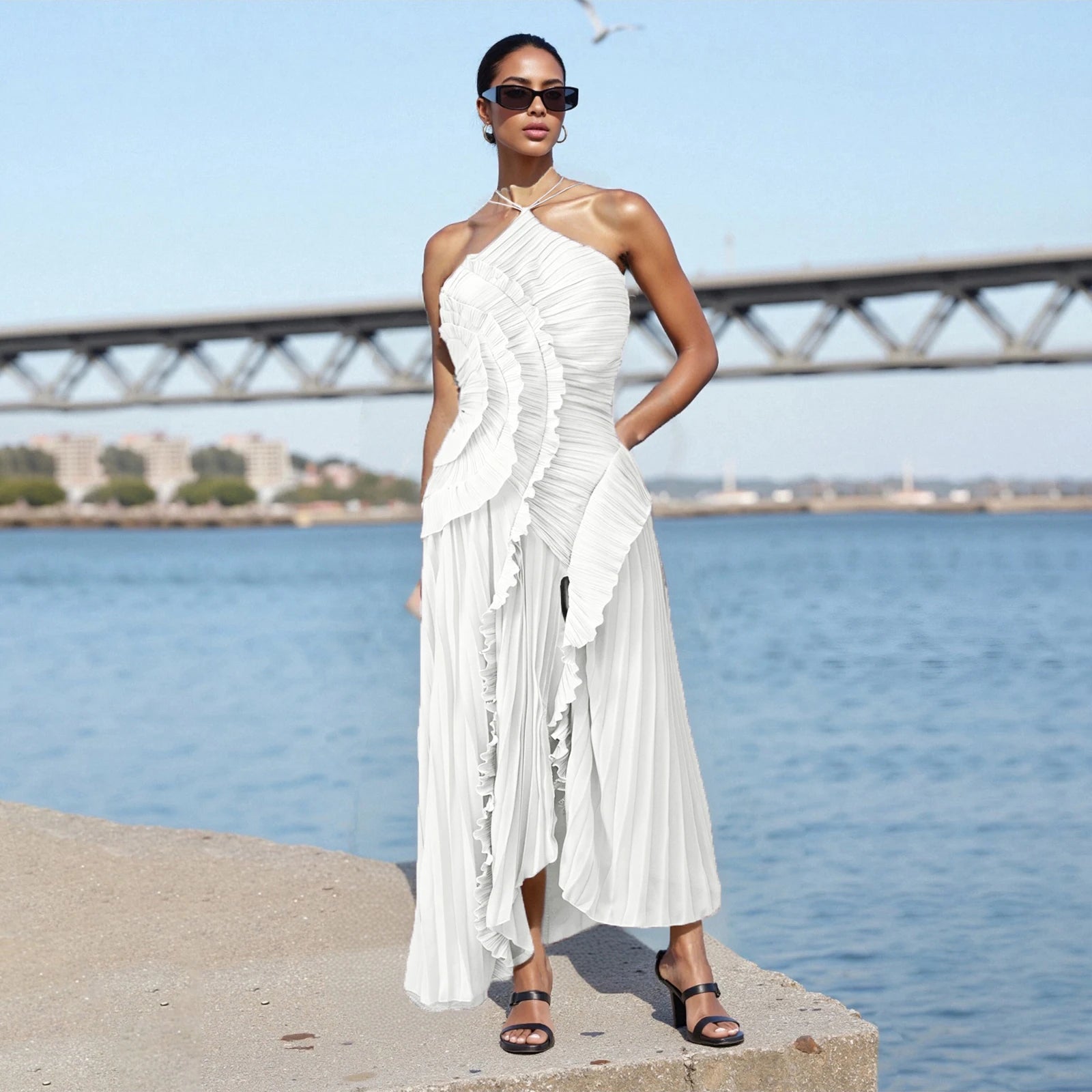 Elegant Off-Shoulder Maxi Dress with Floral Print and Ruffle Detailing Sleeveless Boho Chic Summer Dress for Women