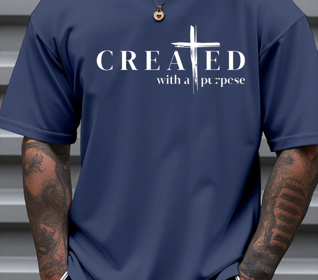 T Shirt For Man 100% Cotton Summer CREATED Cross Print Casual Slim Fit Round Neck Short Sleeved T-shirt Top