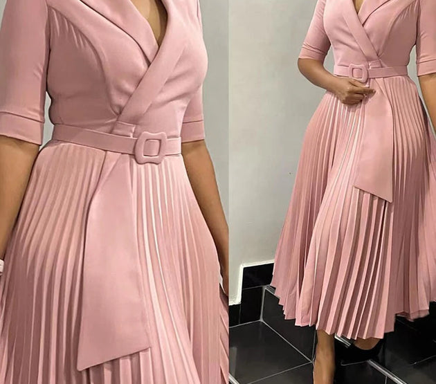 Elegant Office Dresses Pleated for Woman Notched Collar Half Sleeve Belt Waisted Mid Calf Professional Afircan Business New Robe