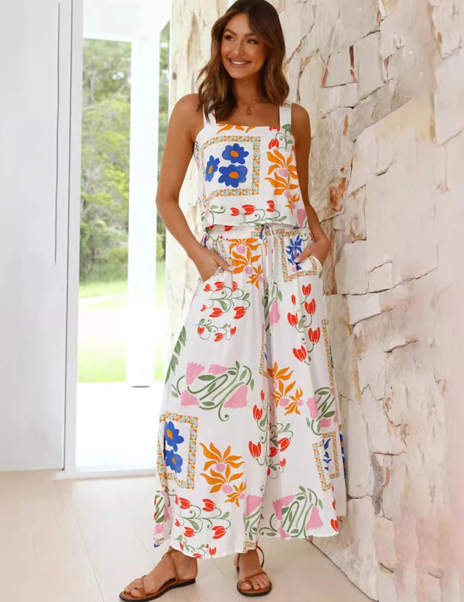 Womens Boho Floral Summer 2 Piece Outfits Tank and Wide Leg Pants Set Vacation Outfits