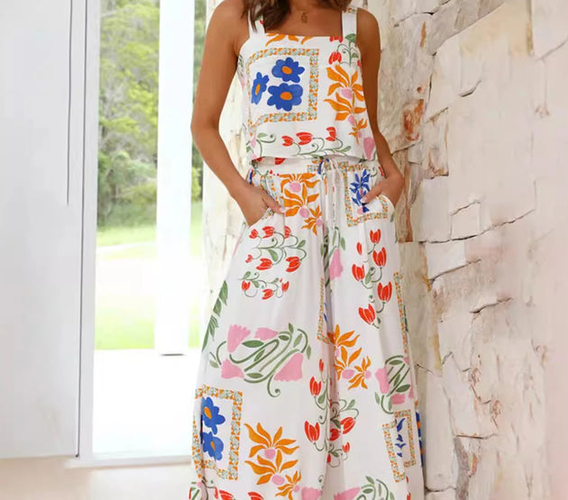 Womens Boho Floral Summer 2 Piece Outfits Tank and Wide Leg Pants Set Vacation Outfits