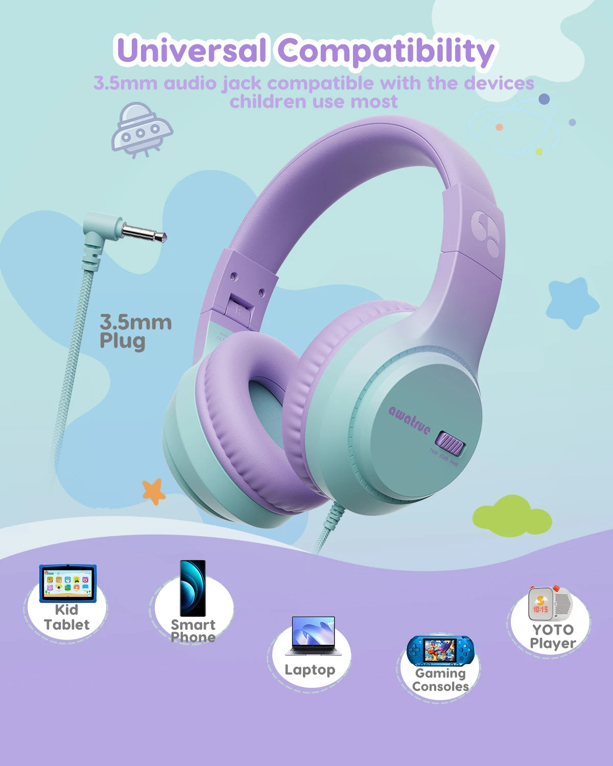 HK07 Kids Headphones with Cord for School Wired Stereo Sound Over-Ear Headphones 3.5mm Jack for Tablet for Kids Boys Girls Gifts