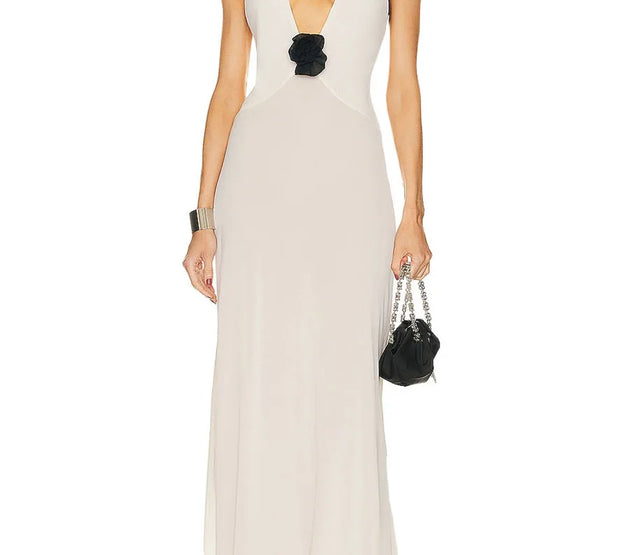 Elegant Women s Sleeveless V Neck Maxi Dress with Floral Embellishments for Summer Evening Parties and Events