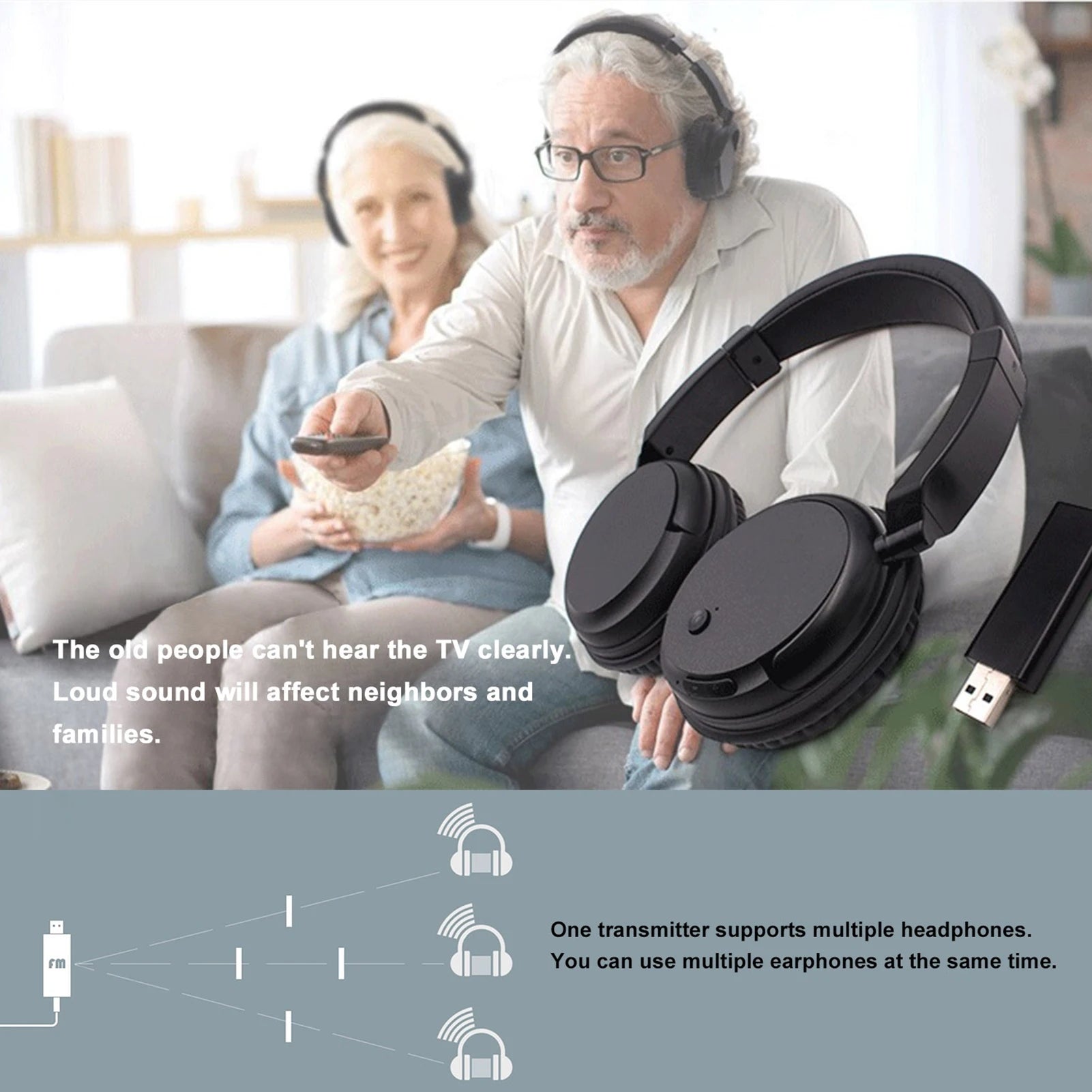 FM Wireless Headphones Over Ear Music Earphones with Transmitter 3.5mm Wired Headset Support FM Radio for TV PC Phones MP3