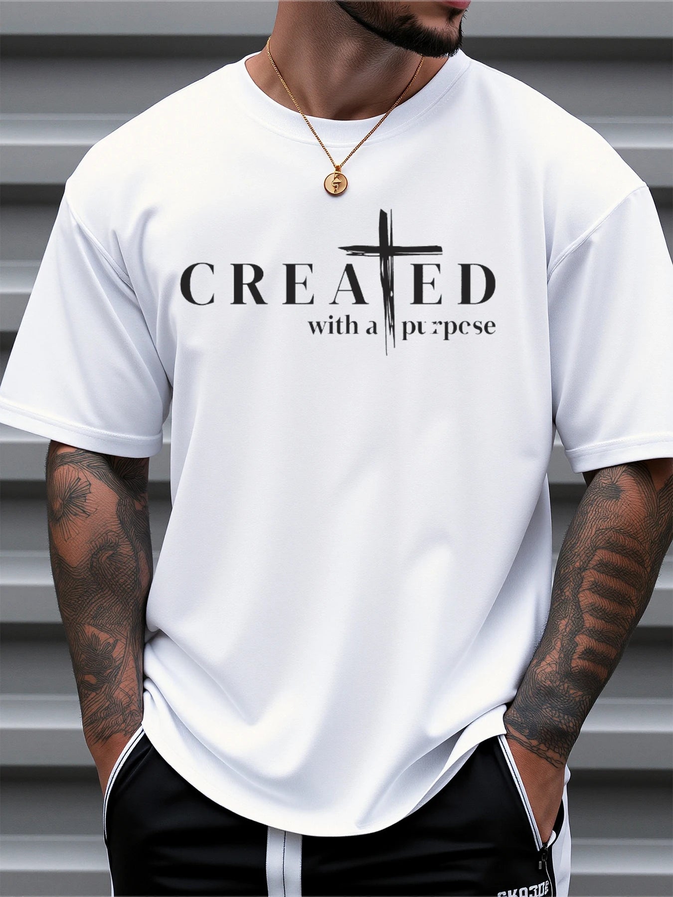 T Shirt For Man 100% Cotton Summer CREATED Cross Print Casual Slim Fit Round Neck Short Sleeved T-shirt Top