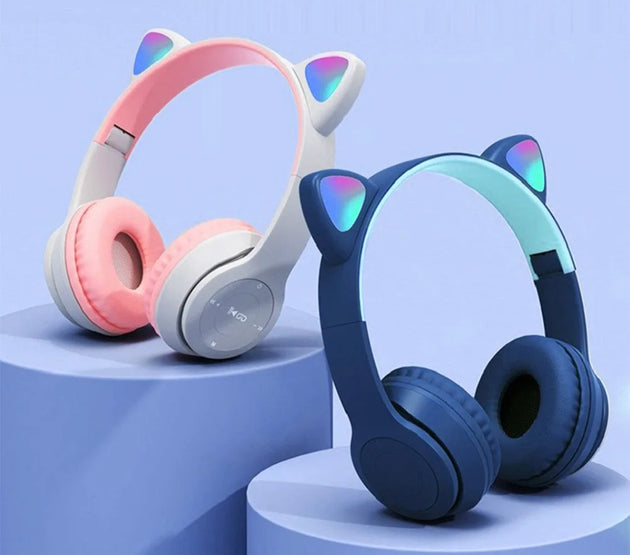 Wireless Headphones Cat Ear Bluetooth-Compatible Helmets Glow Light Over-Ear Headsets Cute Sports Headphones for Kids and Adult