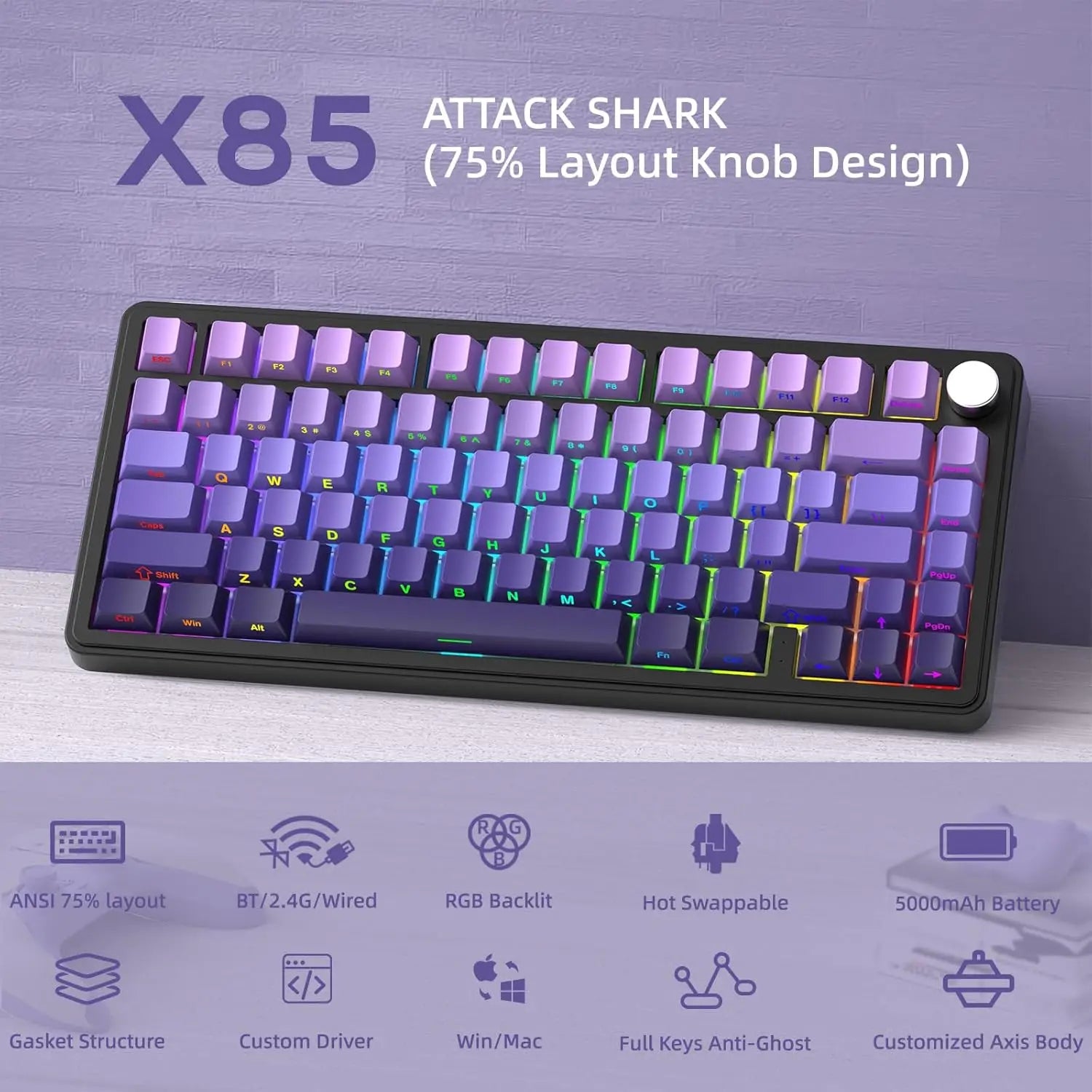 ATTACK SHARK X85 Wireless Mechanical Gaming Keyboard with Knob Hot Swappable BT5.1/2.4Ghz/USB-C Side Print PBT Keycaps 75% Gaske