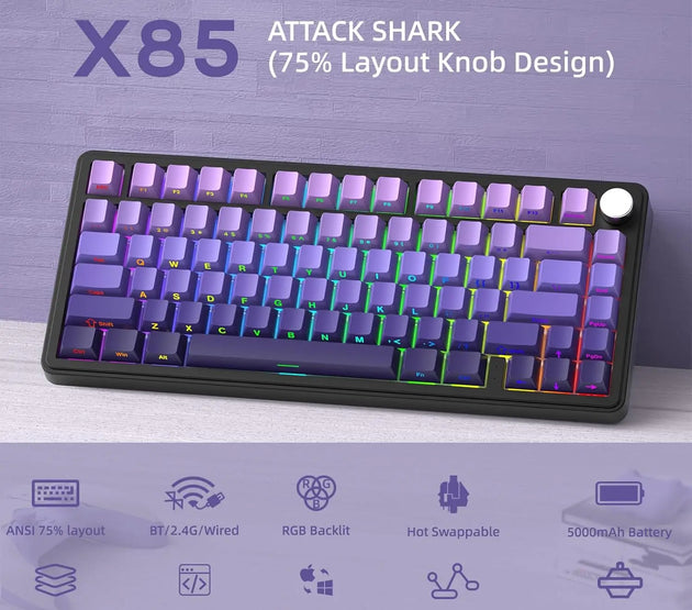 ATTACK SHARK X85 Wireless Mechanical Gaming Keyboard with Knob Hot Swappable BT5.1/2.4Ghz/USB-C Side Print PBT Keycaps 75% Gaske