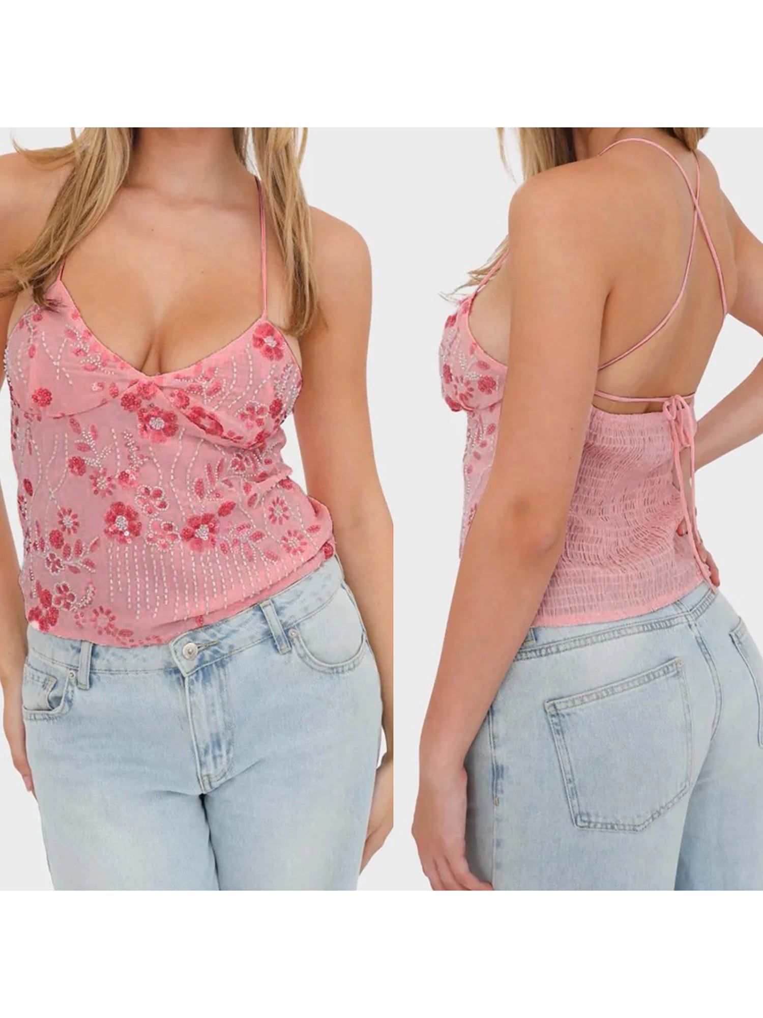 Women s Boho Style Embroidered Sleeveless V Neck Camisole with Open Back Detail and Floral Print Tank Top for Summer