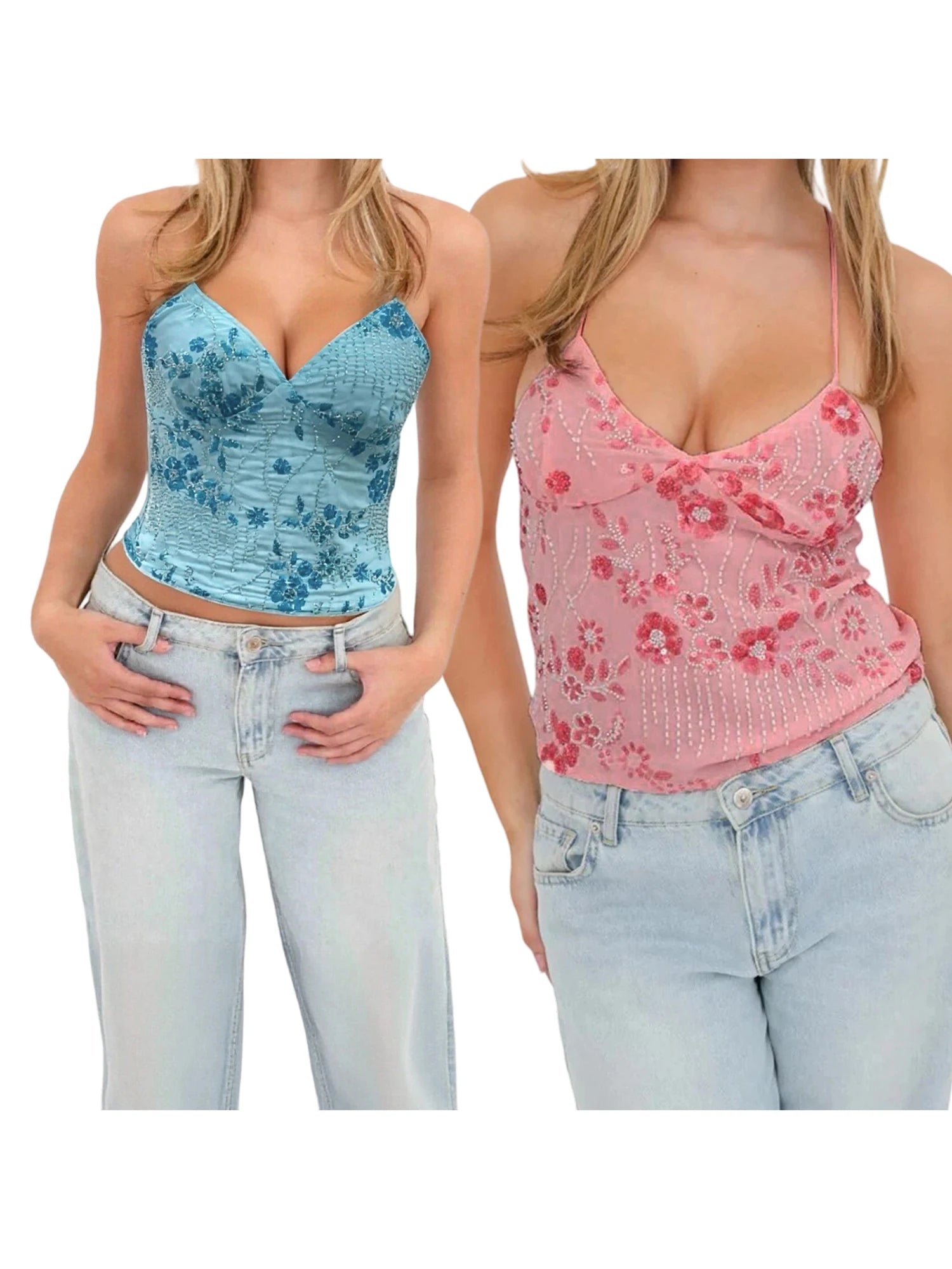 Women s Boho Style Embroidered Sleeveless V Neck Camisole with Open Back Detail and Floral Print Tank Top for Summer