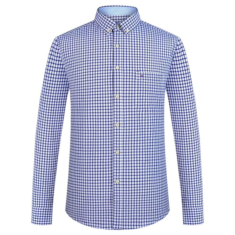 Men's Plaid Striped Oxford Long Sleeve Button-down Shirts with Pocket, Spring Fall 60% Cotton Versatile Casual Menswear Clothing