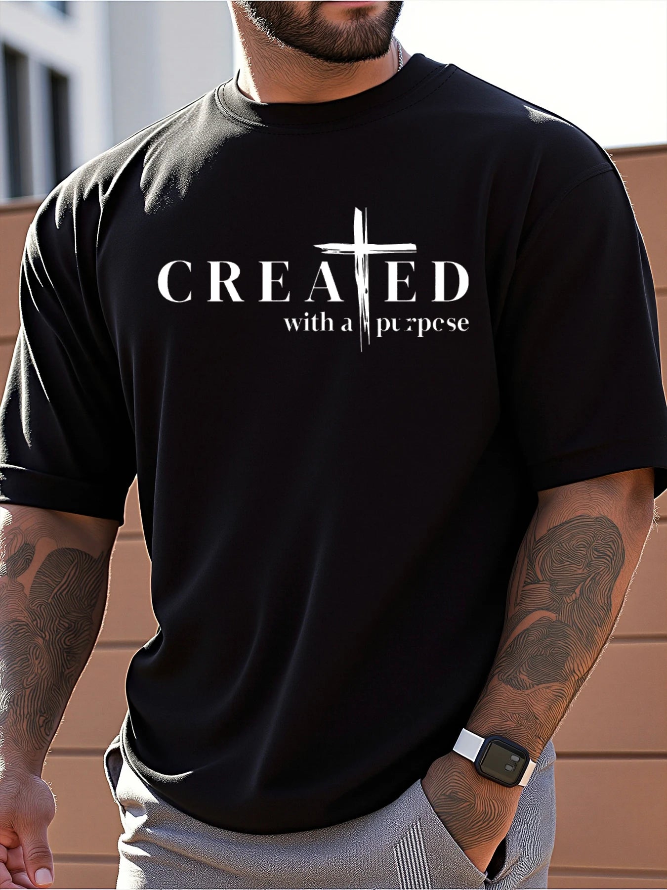 T Shirt For Man 100% Cotton Summer CREATED Cross Print Casual Slim Fit Round Neck Short Sleeved T-shirt Top