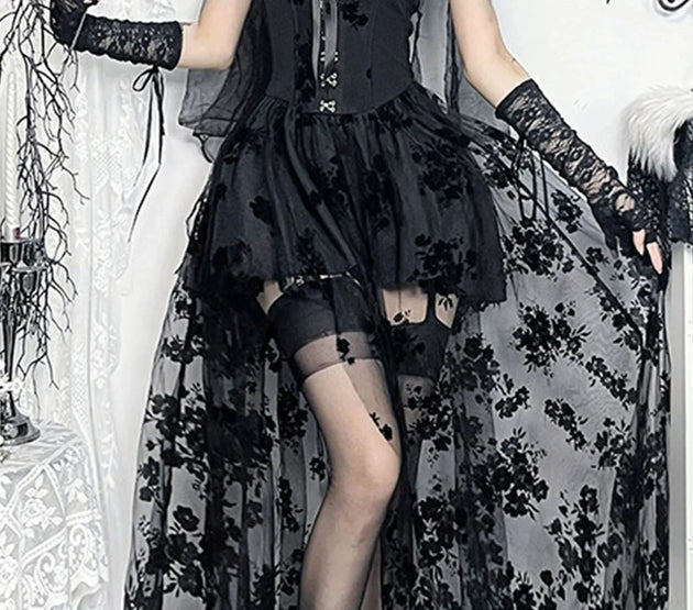 Black Lace Off Shoulder Maxi Dress for Women Vintage Victorian Gothic Embroidered Sleeveless A-Line Gown with Mesh Insets