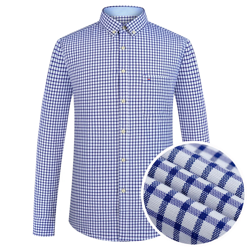 Men's Plaid Striped Oxford Long Sleeve Button-down Shirts with Pocket, Spring Fall 60% Cotton Versatile Casual Menswear Clothing