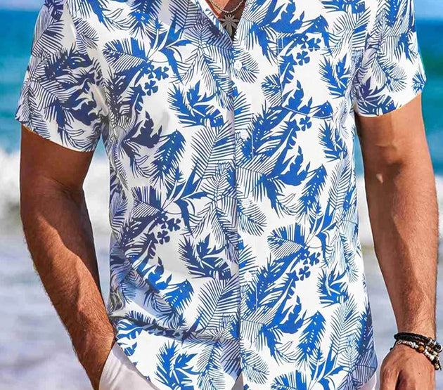 Men s Tropical Print Short Sleeve Hawaiian Shirt with Button Down Collar for Casual Beachwear and Everyday Wear