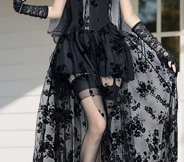 Black Lace Off Shoulder Maxi Dress for Women Vintage Victorian Gothic Embroidered Sleeveless A-Line Gown with Mesh Insets