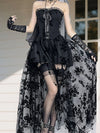 Black Lace Off Shoulder Maxi Dress for Women Vintage Victorian Gothic Embroidered Sleeveless A-Line Gown with Mesh Insets