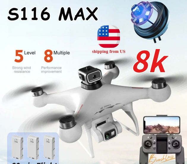 S116MAX 8K HD Professional Drone with Dual Camera 3 Batteries Optical Flow 360° Obstacle Avoidance WiFi Brushless Motor RC Toy