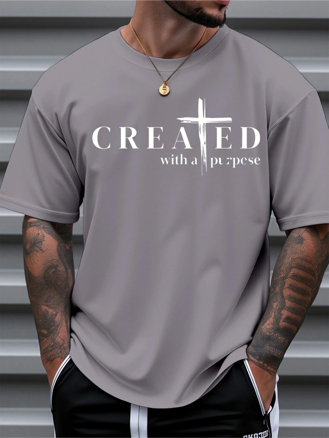T Shirt For Man 100% Cotton Summer CREATED Cross Print Casual Slim Fit Round Neck Short Sleeved T-shirt Top