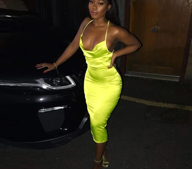 Neon Satin Lace Up Women's Long Midi Dress Light Pink Bodycon Backless Elegant Party Sexy Club Clothes 2022 Summer Dinner Outfit