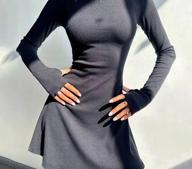 Elegant And Pretty Women Dresses Autumn Winter New Black Sexy Short Dress Female V Neck Long Sleeve Slim Solid Color Mini Dress