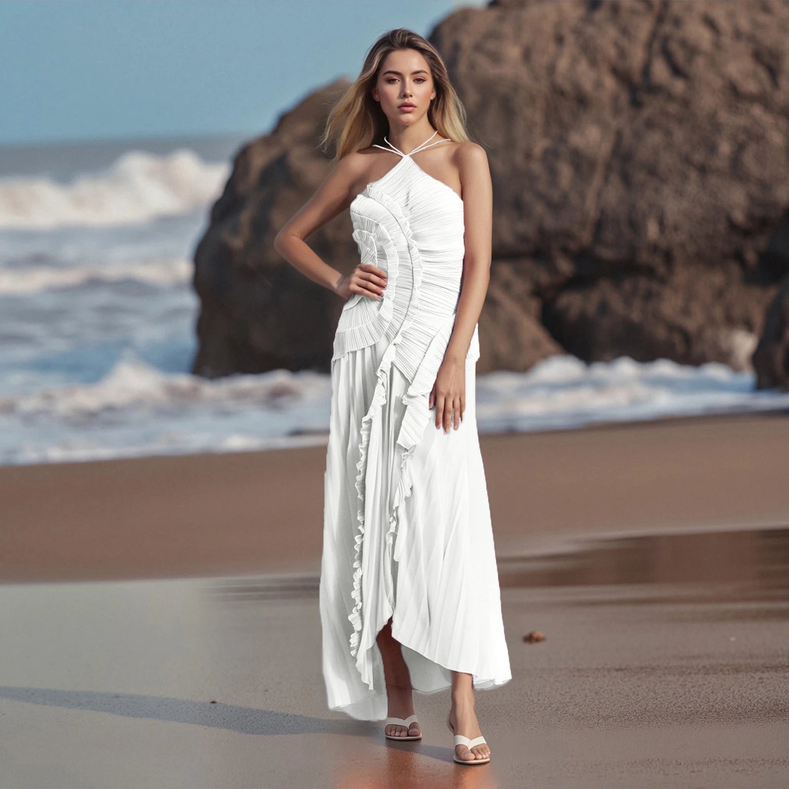 Elegant Off-Shoulder Maxi Dress with Floral Print and Ruffle Detailing Sleeveless Boho Chic Summer Dress for Women