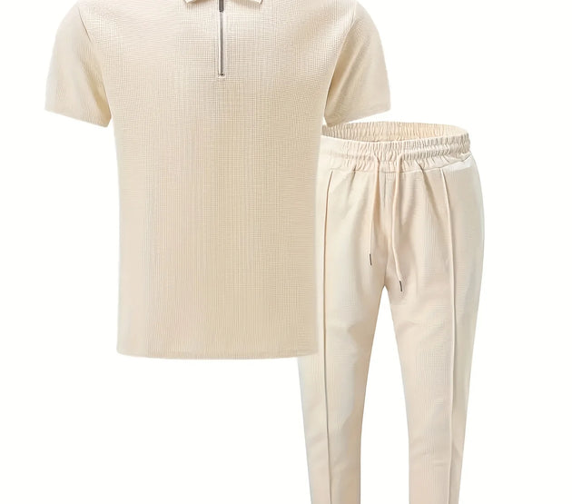 New Men's Solid Color Suit Waffle Lapel Short-sleeved Zipper Long Pants Set - The Best Choice For Casual Wea