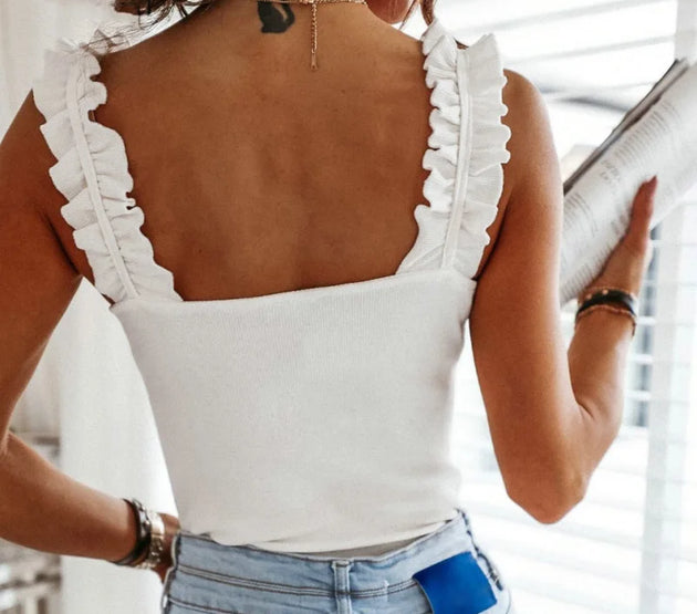 Tank Tops Women Square Collar Solid Knit Casual Basic Summer Ribbed Slim Ruffles Tops Women
