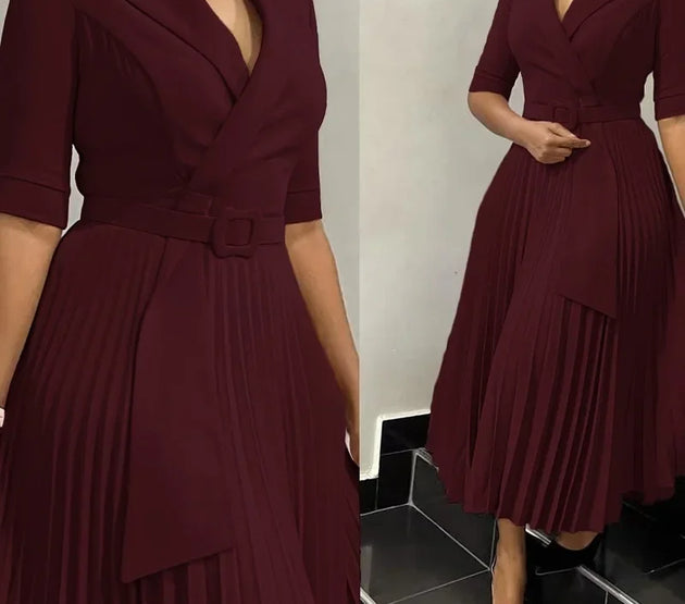 Elegant Office Dresses Pleated for Woman Notched Collar Half Sleeve Belt Waisted Mid Calf Professional Afircan Business New Robe